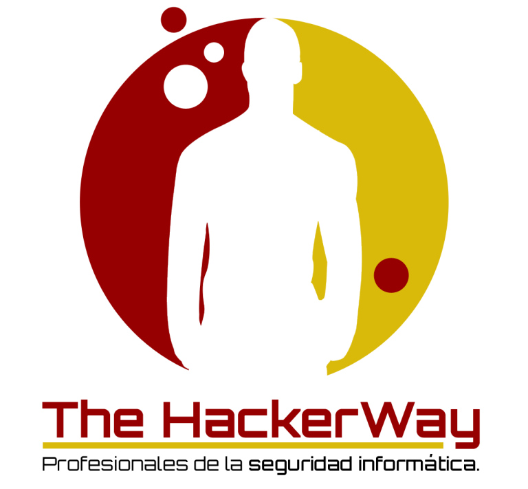 Logotipo de The HackerWay con silueta de persona y fondo circular rojo y amarillo.