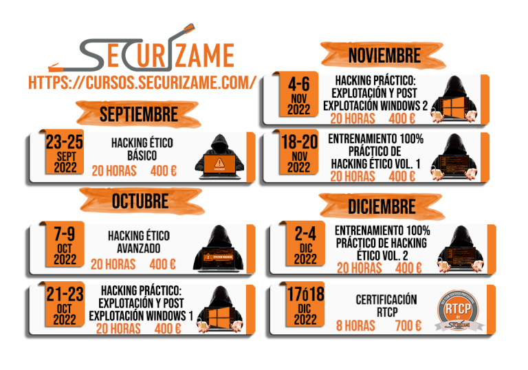Calendario de cursos de hacking ético y ciberseguridad de septiembre a diciembre 2022 por Securizame.