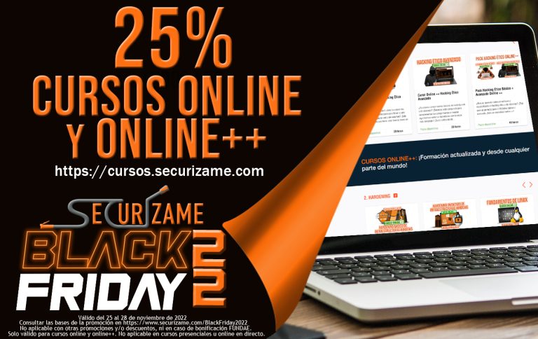Banner promocional de Securizame Black Friday 2022 con 25% de descuento en cursos online.