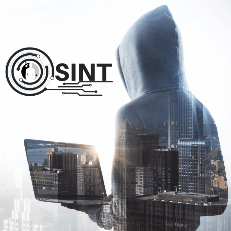 Experto en ciberseguridad con capucha usando laptop frente a ciudad, aplicando técnicas OSINT para investigación digital.
