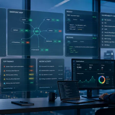 Profesional de ciberseguridad revisando resultados de pentesting web y API en varios paneles digitales.