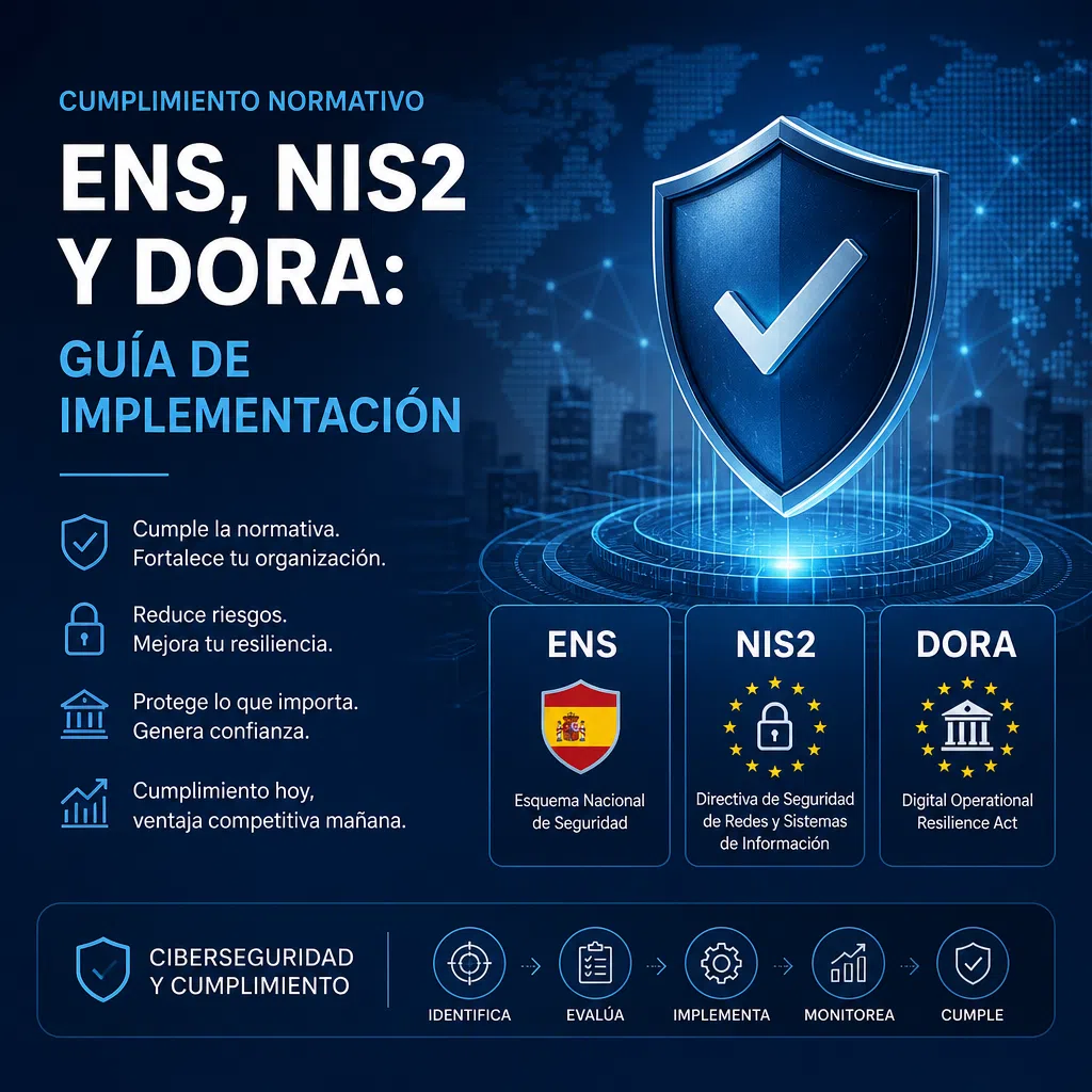 Guía de implementación para cumplir con ENS, NIS2 y DORA en ciberseguridad.