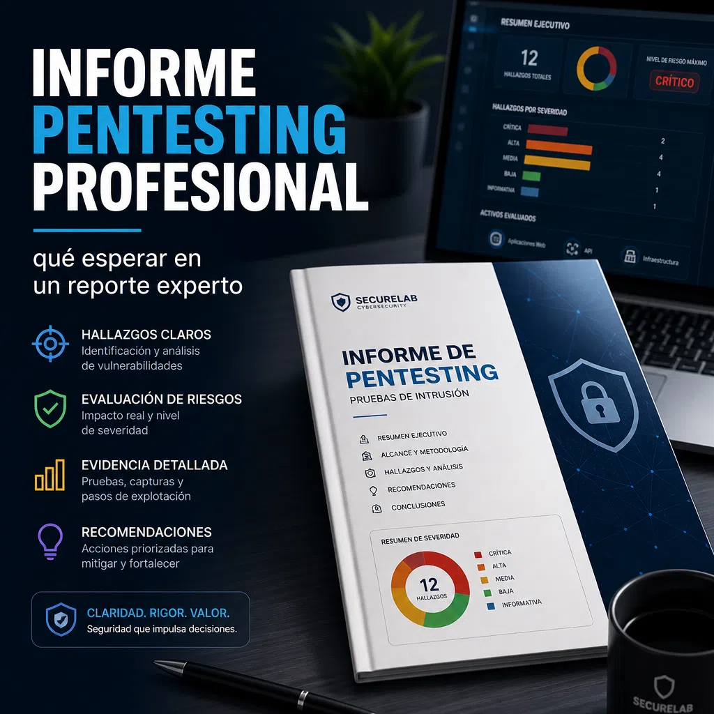 Informe profesional de pentesting con hallazgos, riesgos, evidencia y recomendaciones de seguridad.