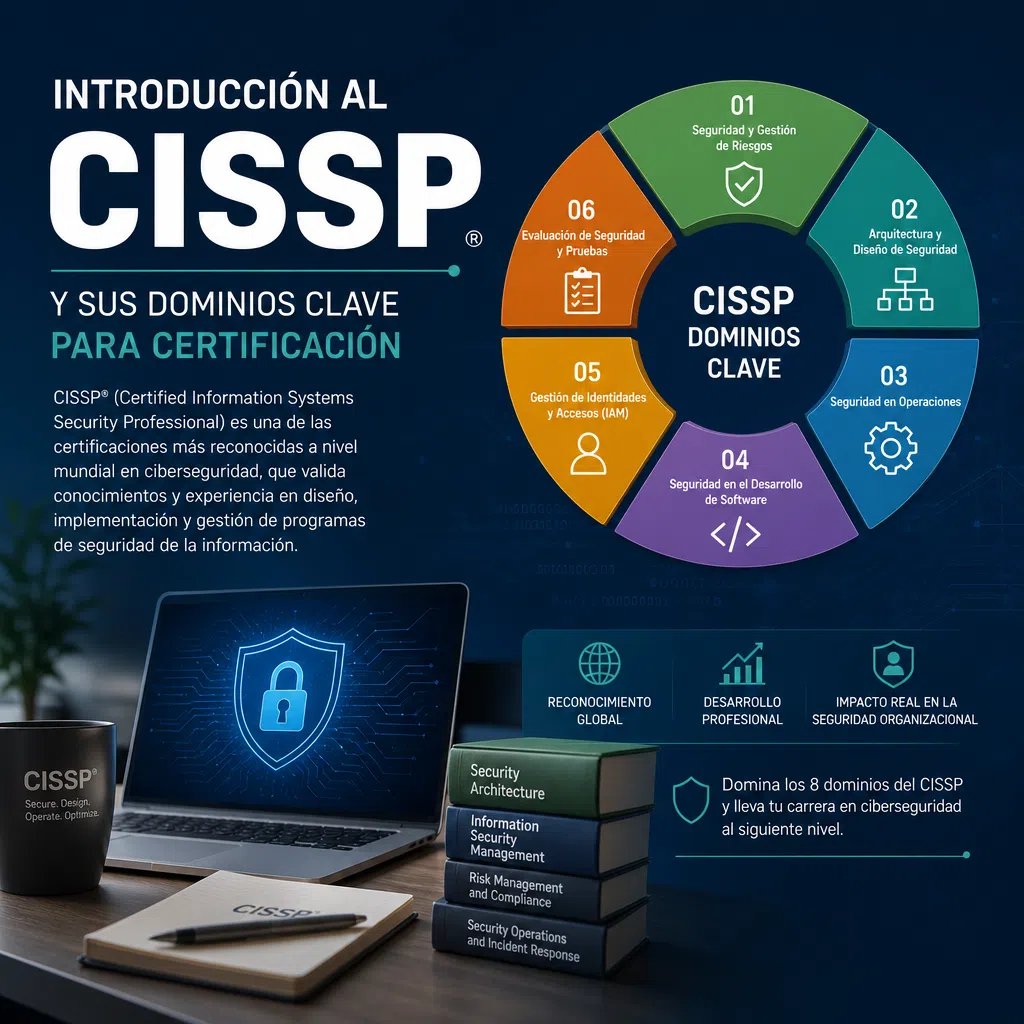 Introducción al CISSP y sus - Infografía del CISSP con ocho dominios de ciberseguridad, materiales de estudio y un portátil c