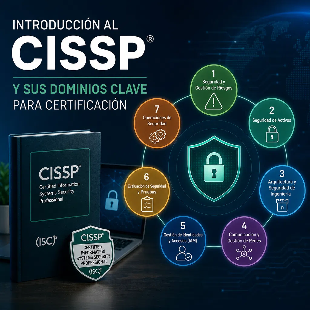 Infografía en español sobre CISSP y sus ocho dominios clave, con materiales de estudio y un escudo de ciberseguridad.