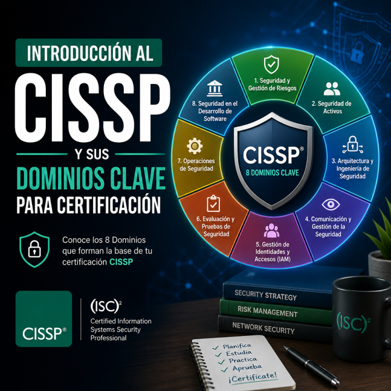 Infografía en español sobre la certificación CISSP y sus ocho dominios clave de ciberseguridad